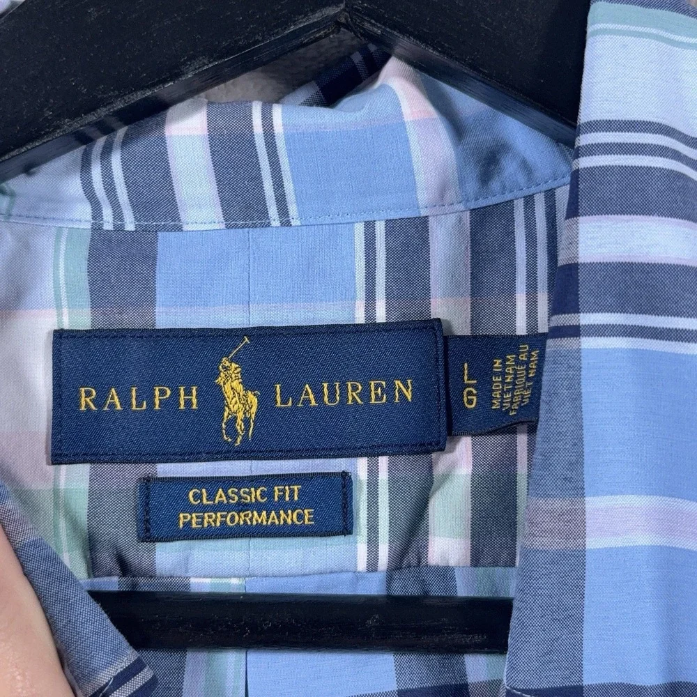 Polo Ralph Lauren Performance Button Down Shirt Mens Large Blue Plaid Wicking